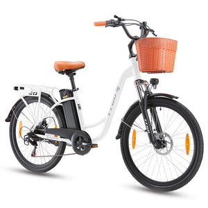 A white step-through electric bicycle with a basket