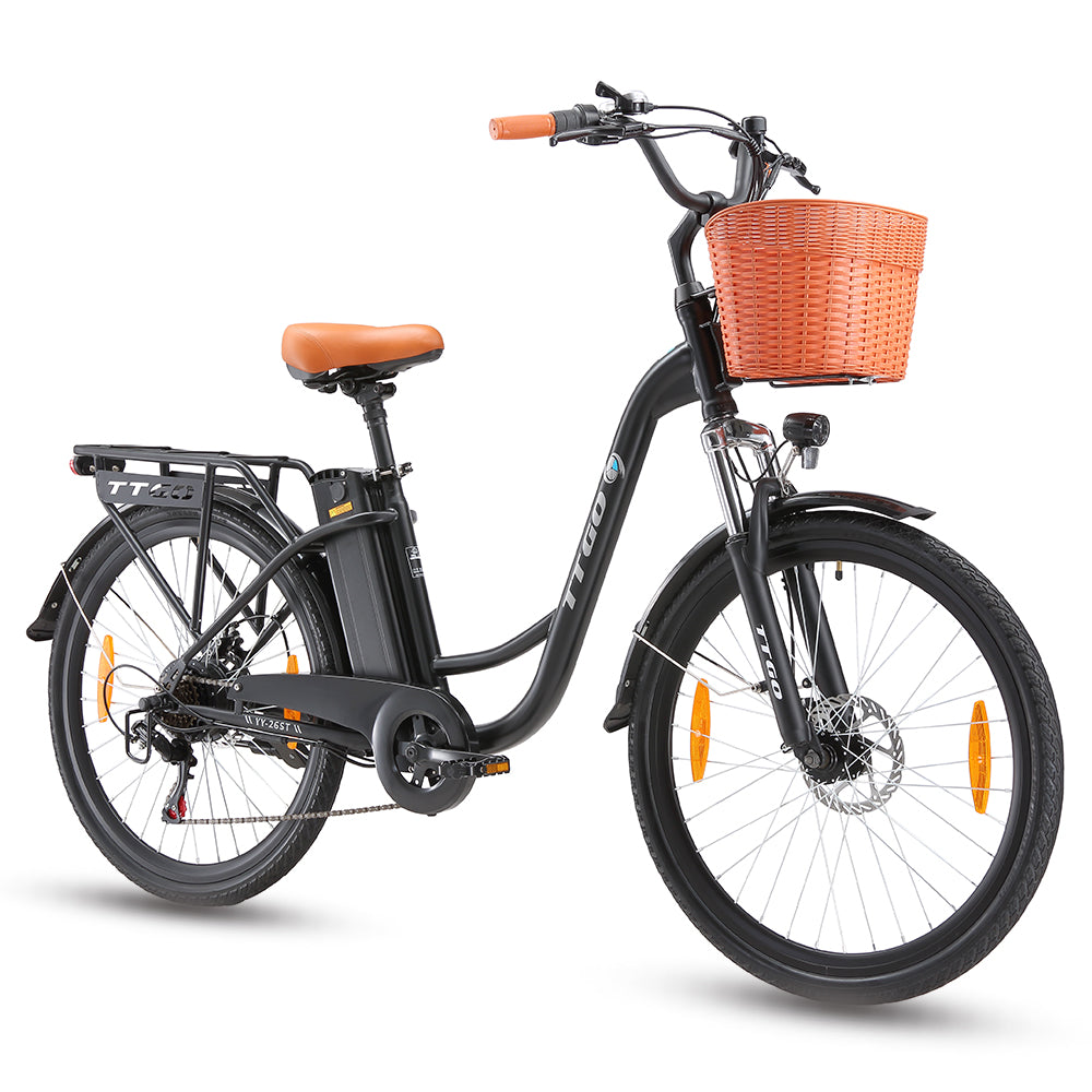 black adult electric bike with a basket