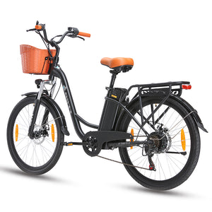 black step-through electric bike with a basket