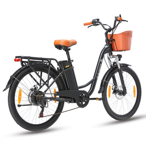 black step-thru electric bike with a basket