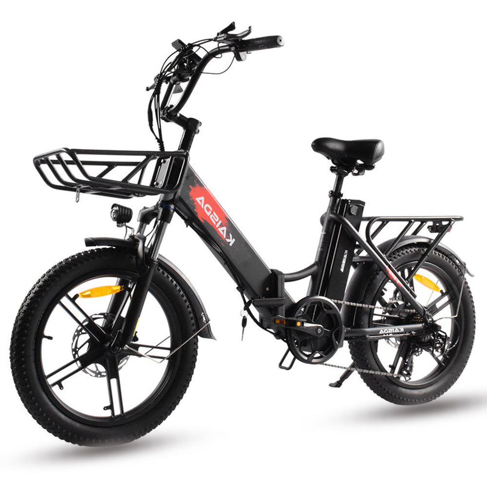A black step-thru electric bicycle