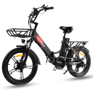 A black step-thru electric bicycle