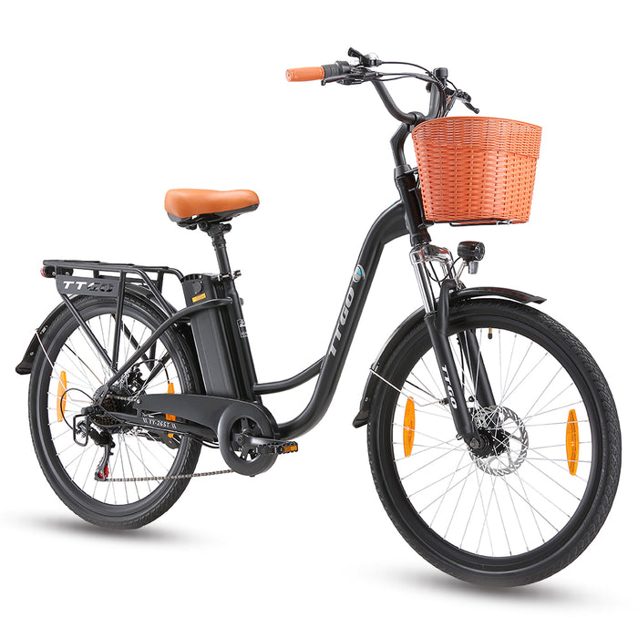 Zwarte elektrische fiets voor volwassenen met een mand